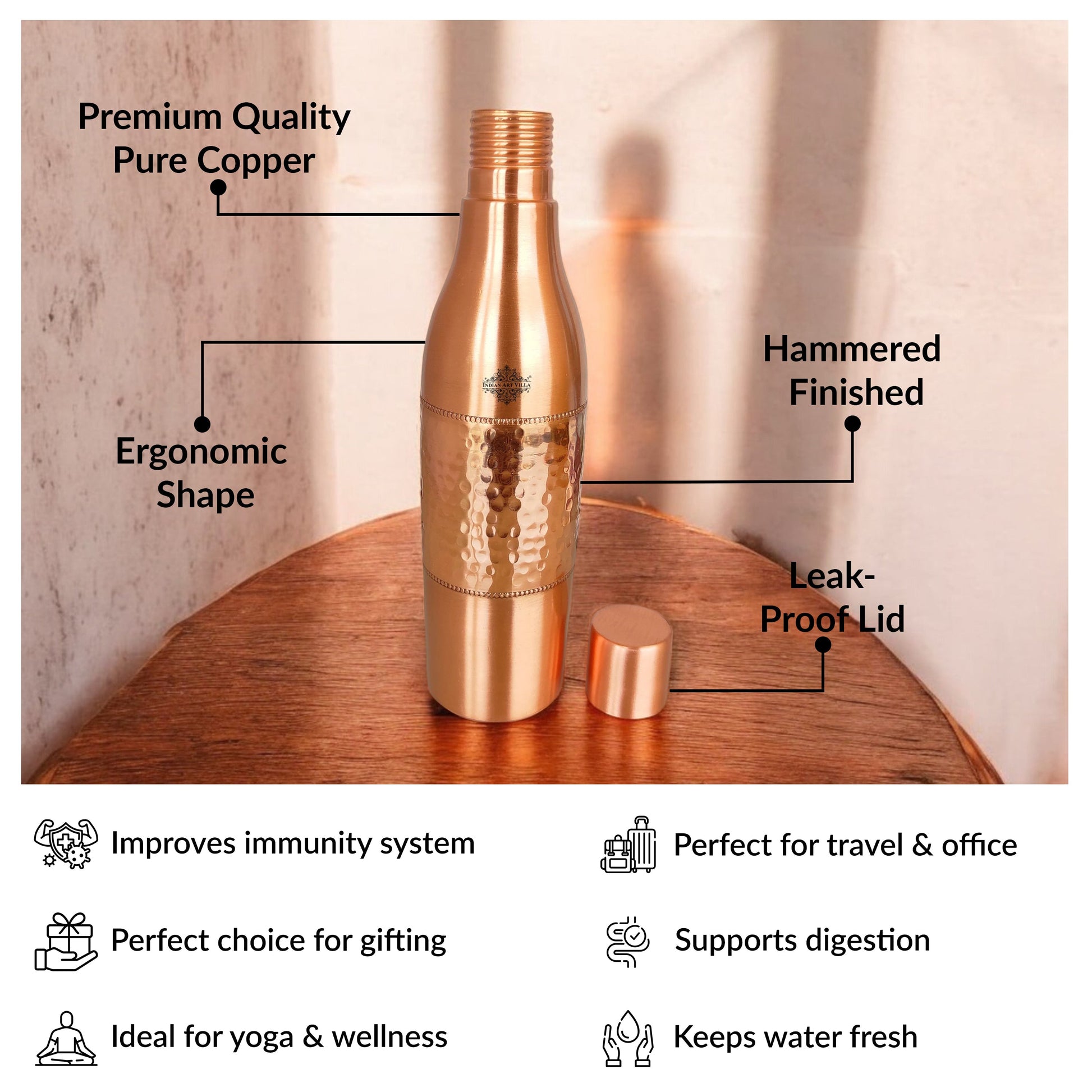Copper Drinkware Bottle with Champagne Style and Lacquer Coating