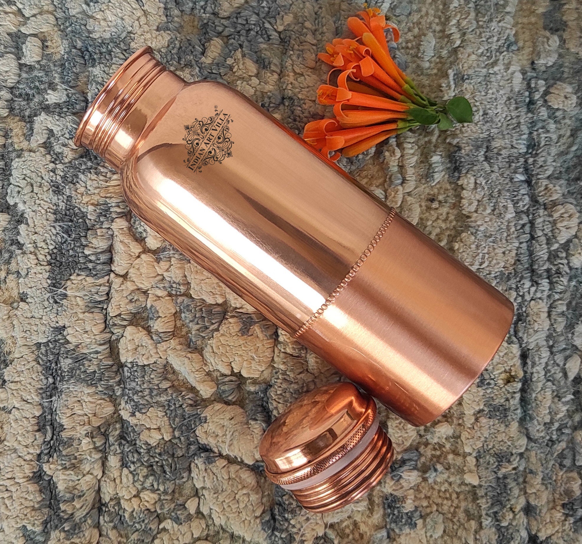 Pure Copper Water Bottle with Half Lacquer Coated Design
