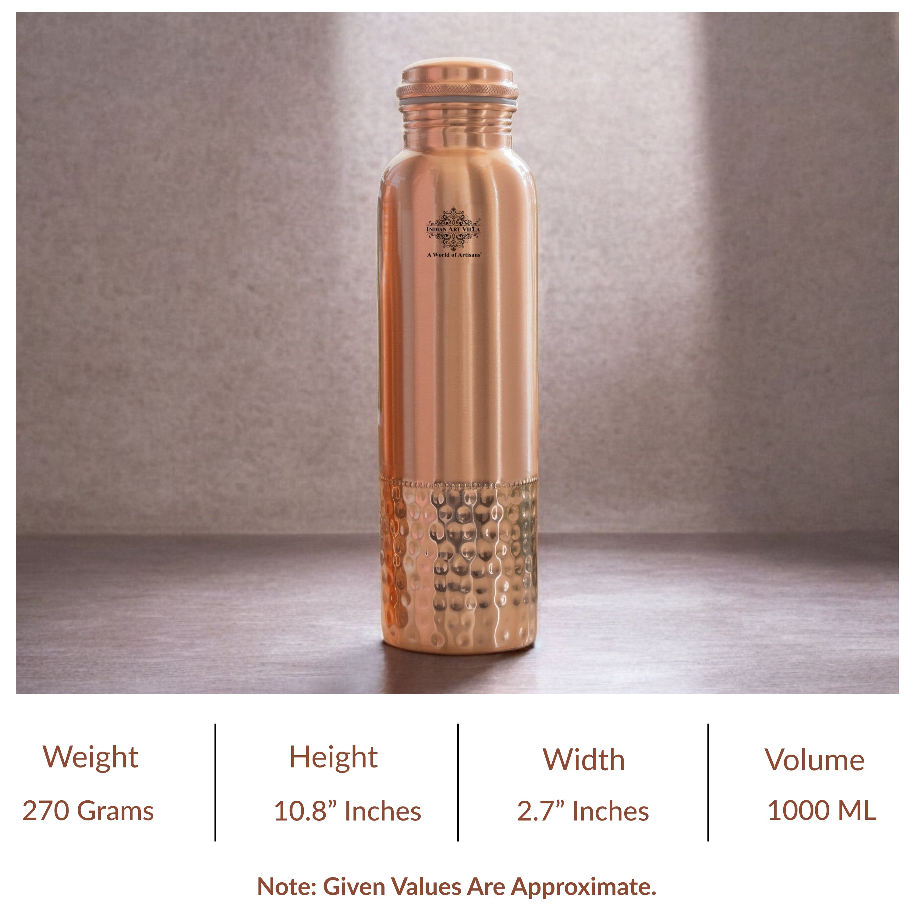 Pure Copper Water Bottle with Half Lacquer Coated Design