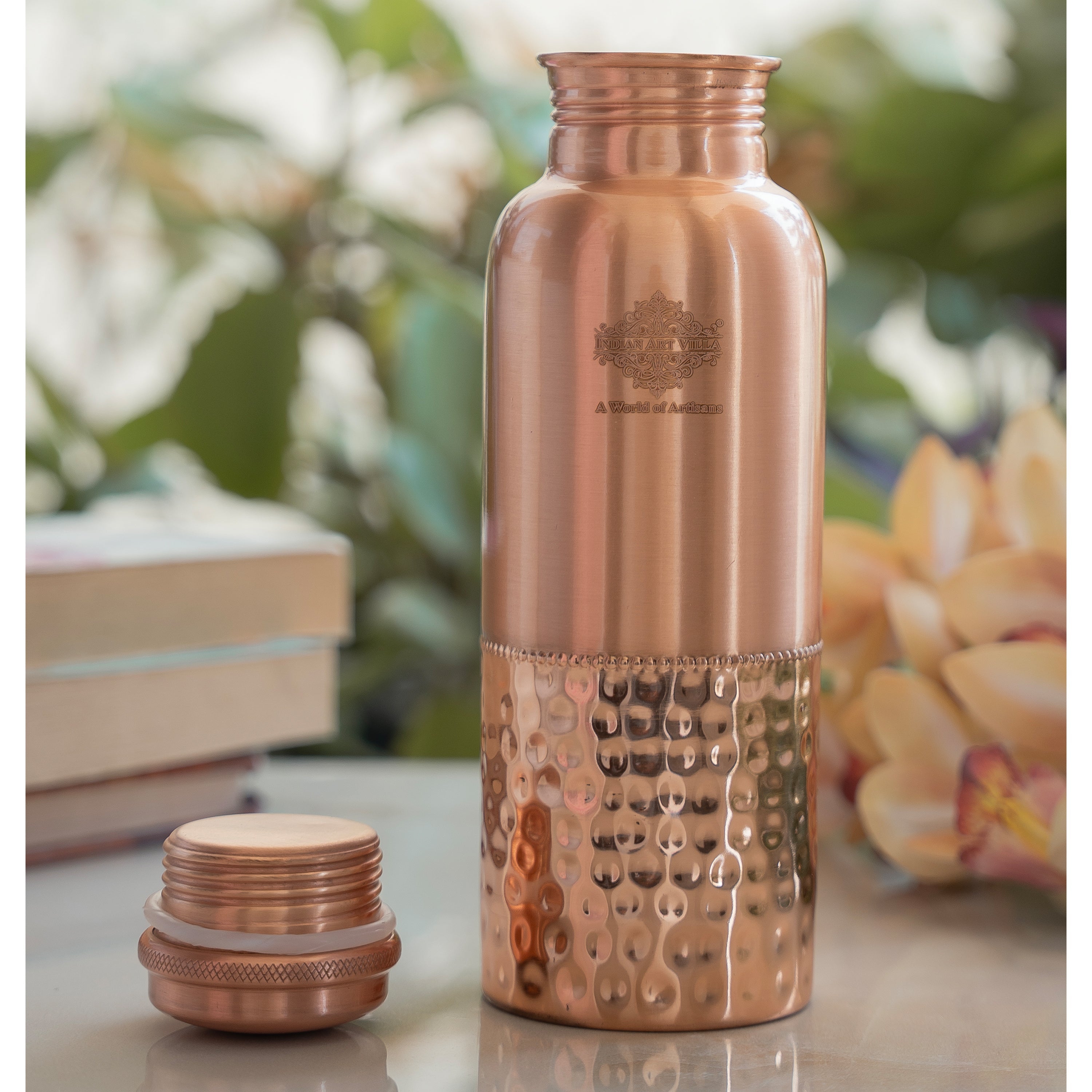 Pure Copper Water Bottle with Half Lacquer Coated Design