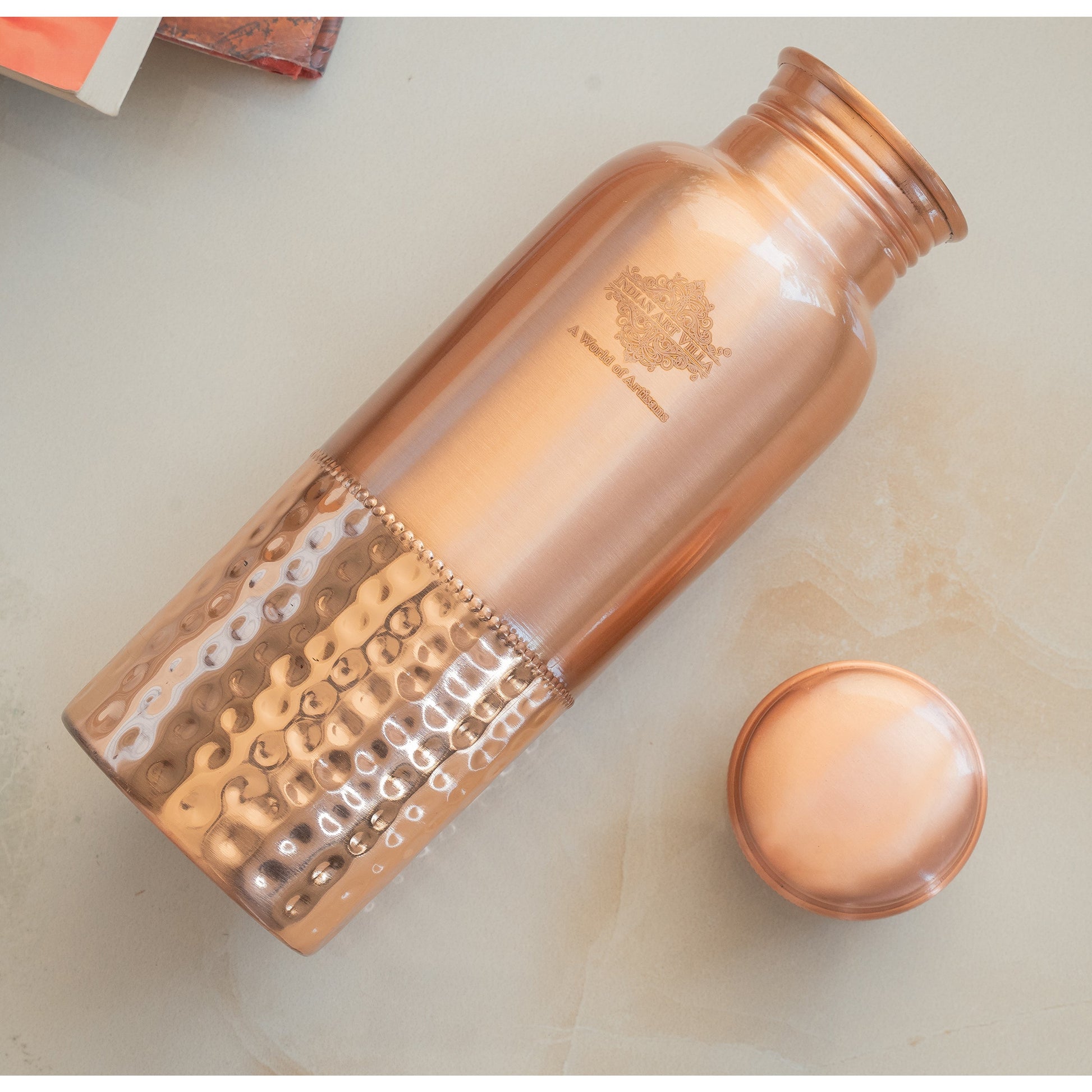 Pure Copper Water Bottle with Half Lacquer Coated Design