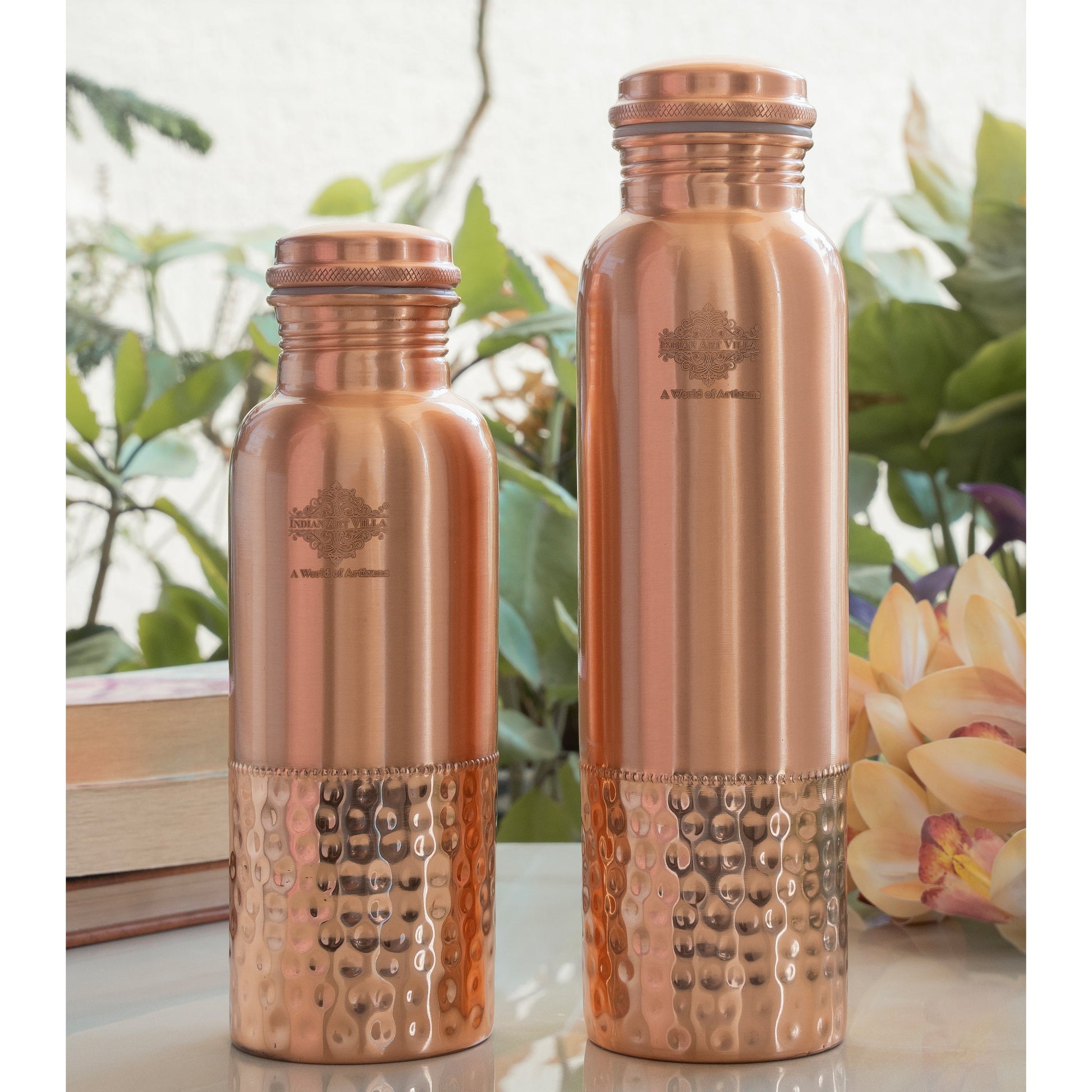 Pure Copper Water Bottle with Half Lacquer Coated Design