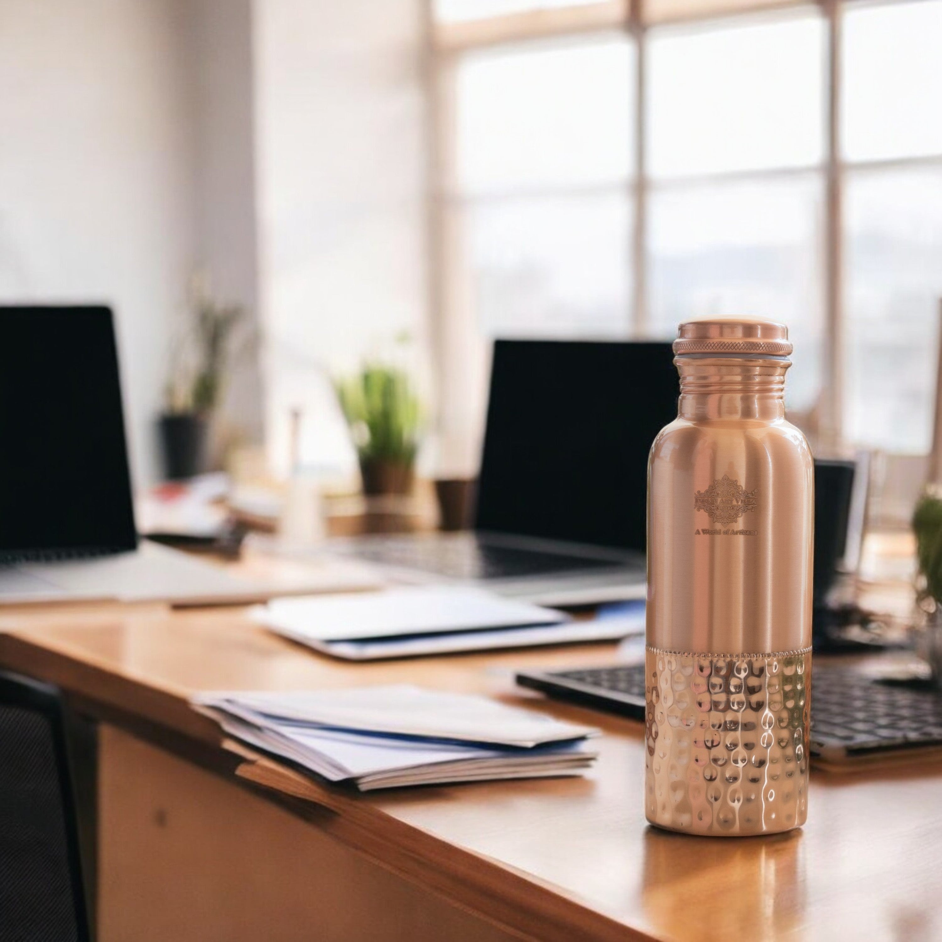 Pure Copper Water Bottle with Half Lacquer Coated Design
