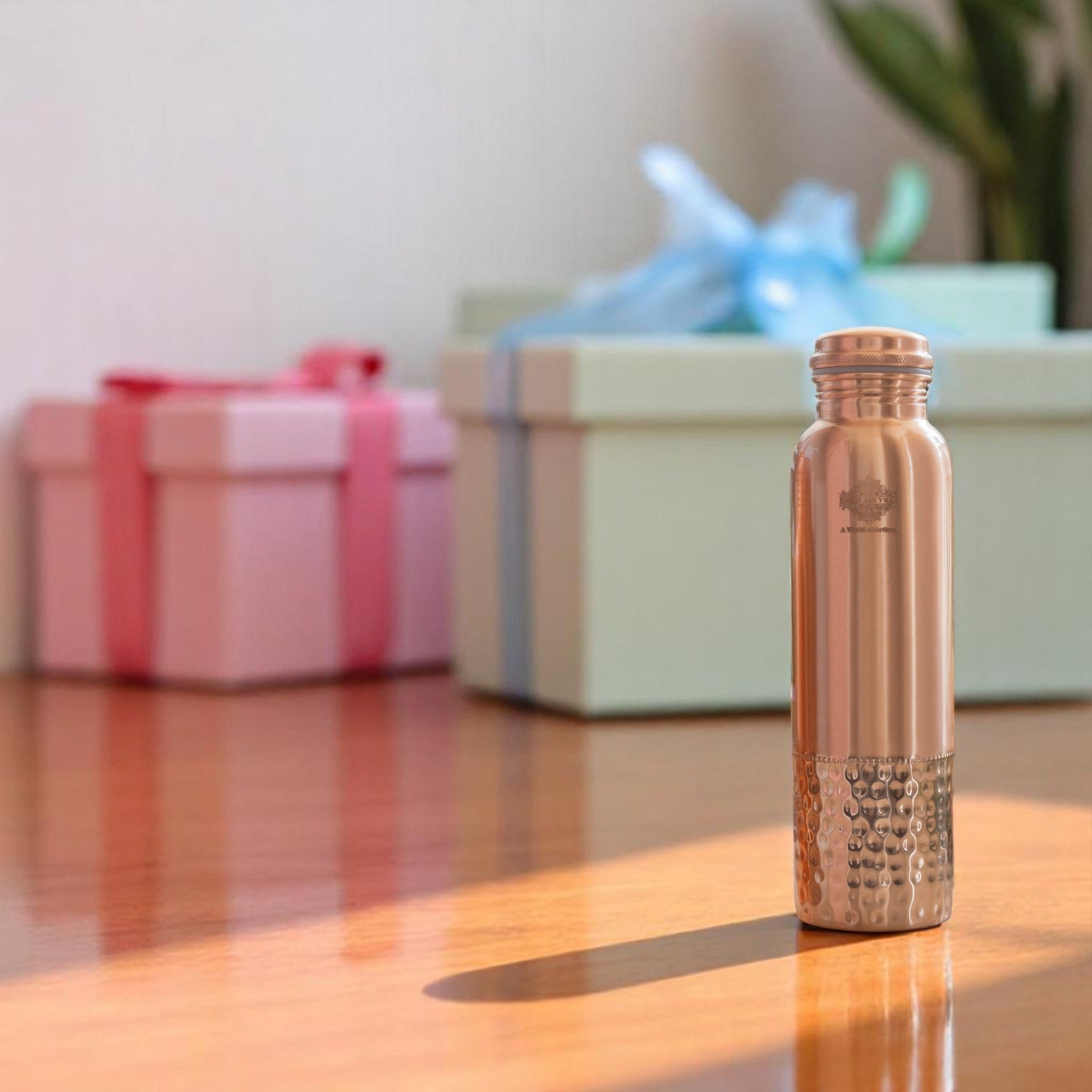 Pure Copper Water Bottle with Half Lacquer Coated Design