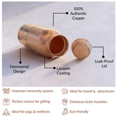 Pure Copper Water Bottle with Half Lacquer Coated Design