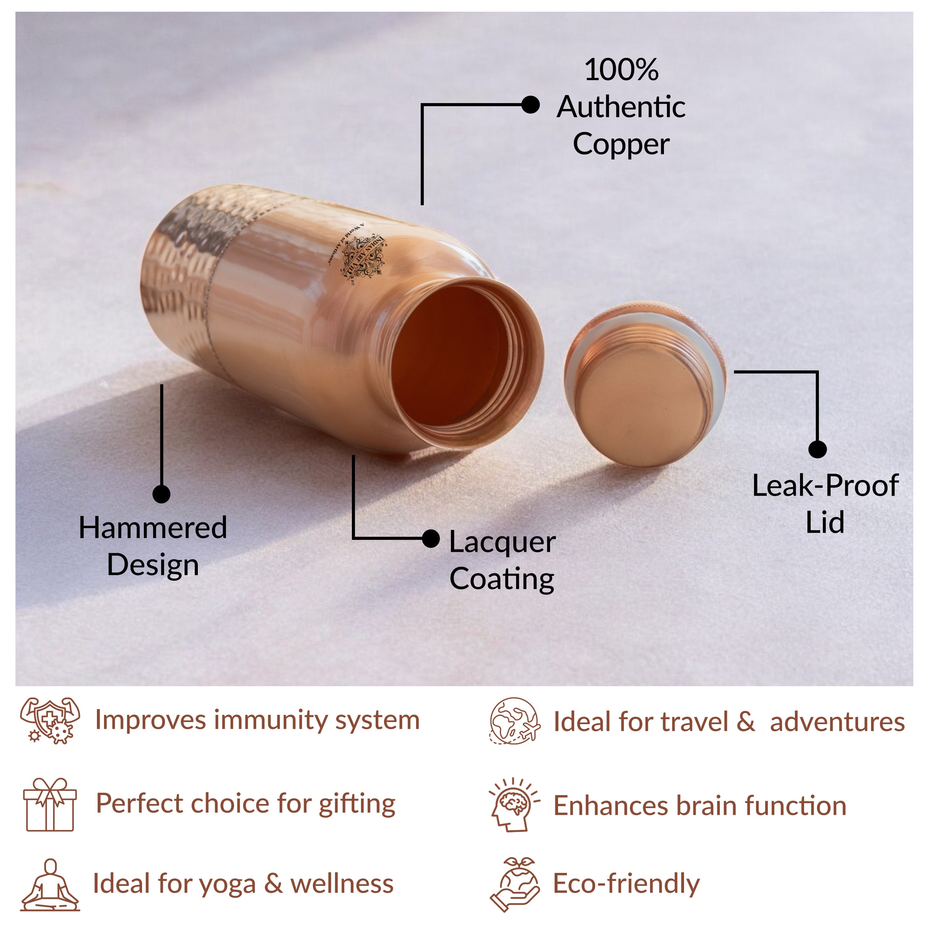 Pure Copper Water Bottle with Half Lacquer Coated Design