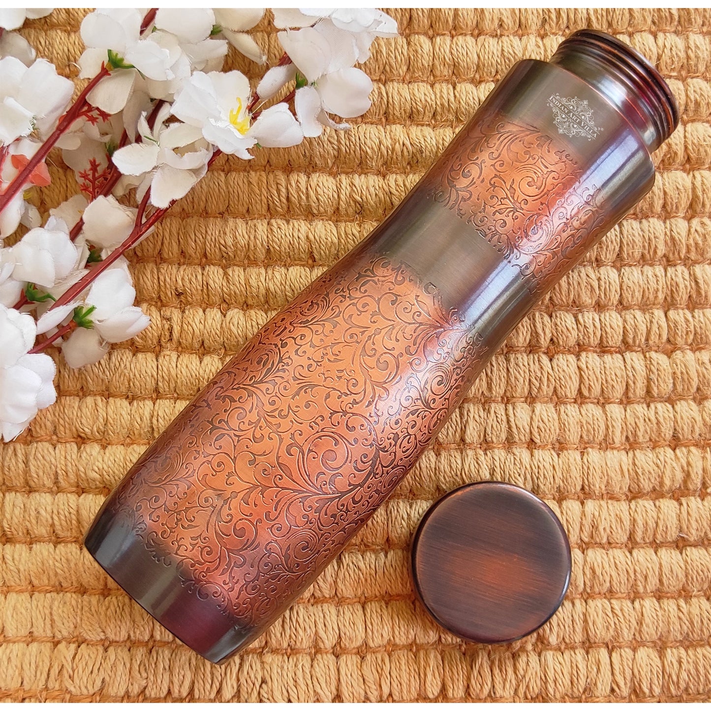 Copper Water Bottle with Antique Dark Embossed Finish & Honeycomb Design