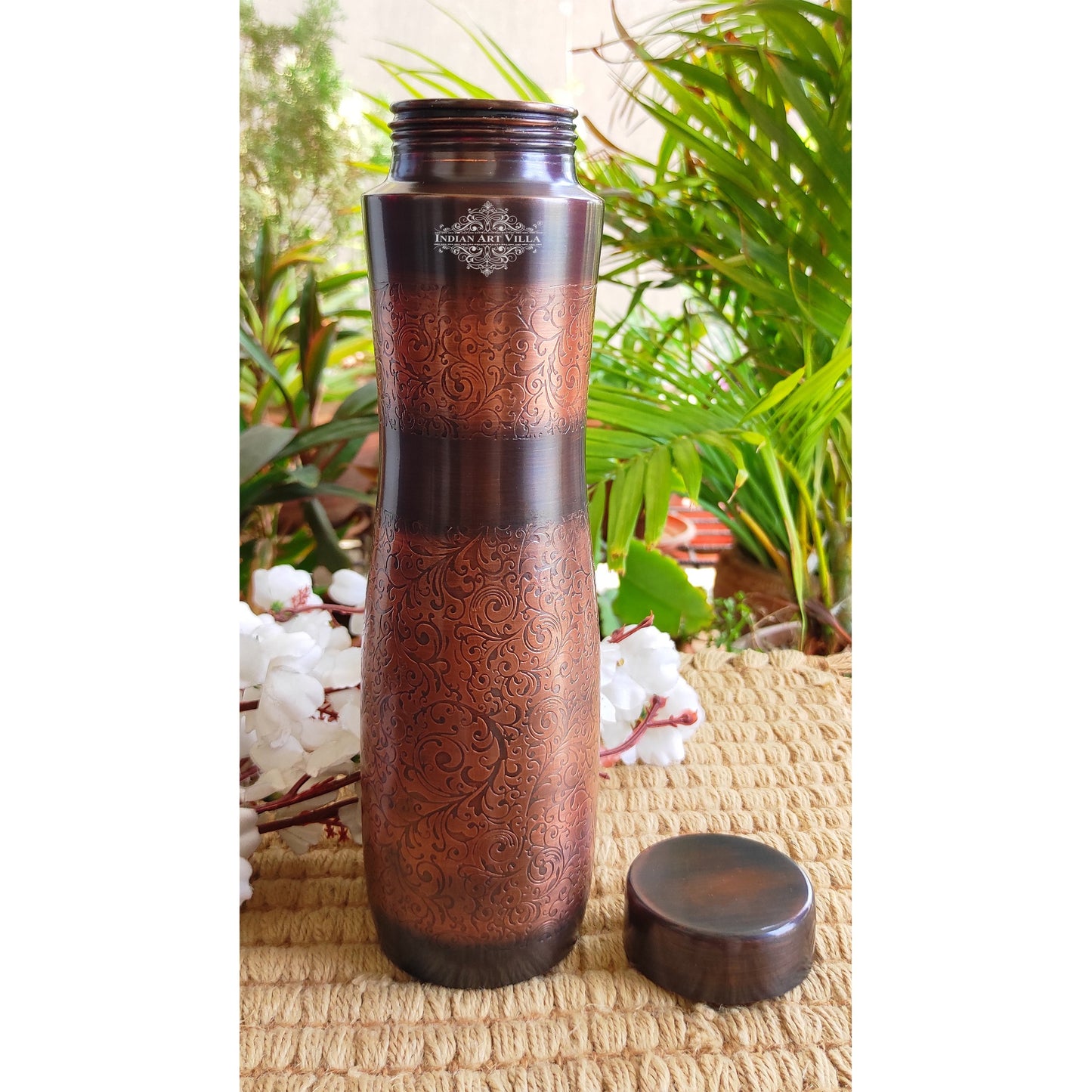 Copper Water Bottle with Antique Dark Embossed Finish & Honeycomb Design