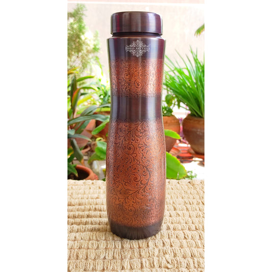 Copper Water Bottle with Antique Dark Embossed Finish & Honeycomb Design