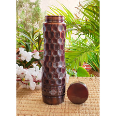 Copper Water Bottle with Antique Dark Embossed Finish & Honeycomb Design