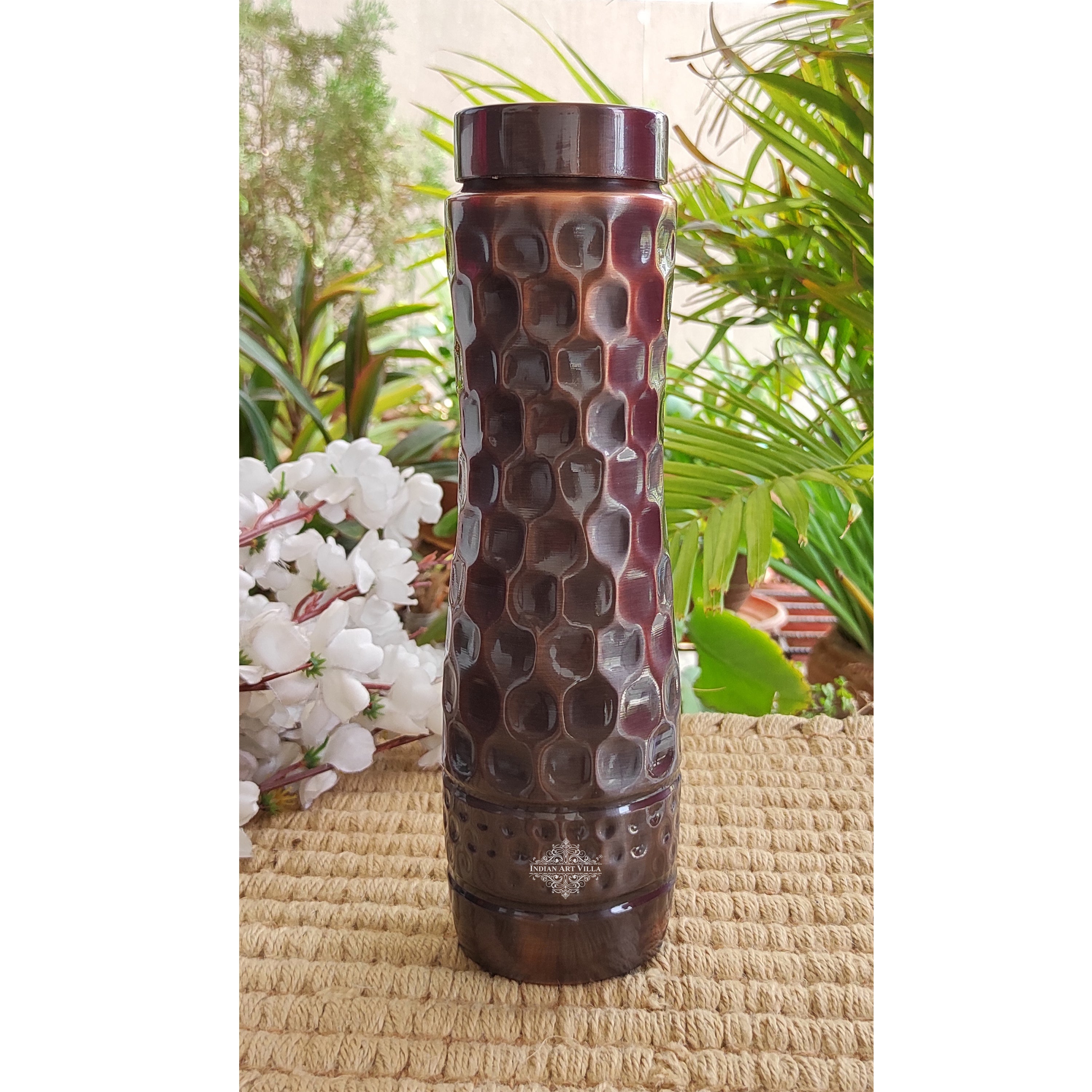 Copper Water Bottle with Antique Dark Embossed Finish & Honeycomb Design