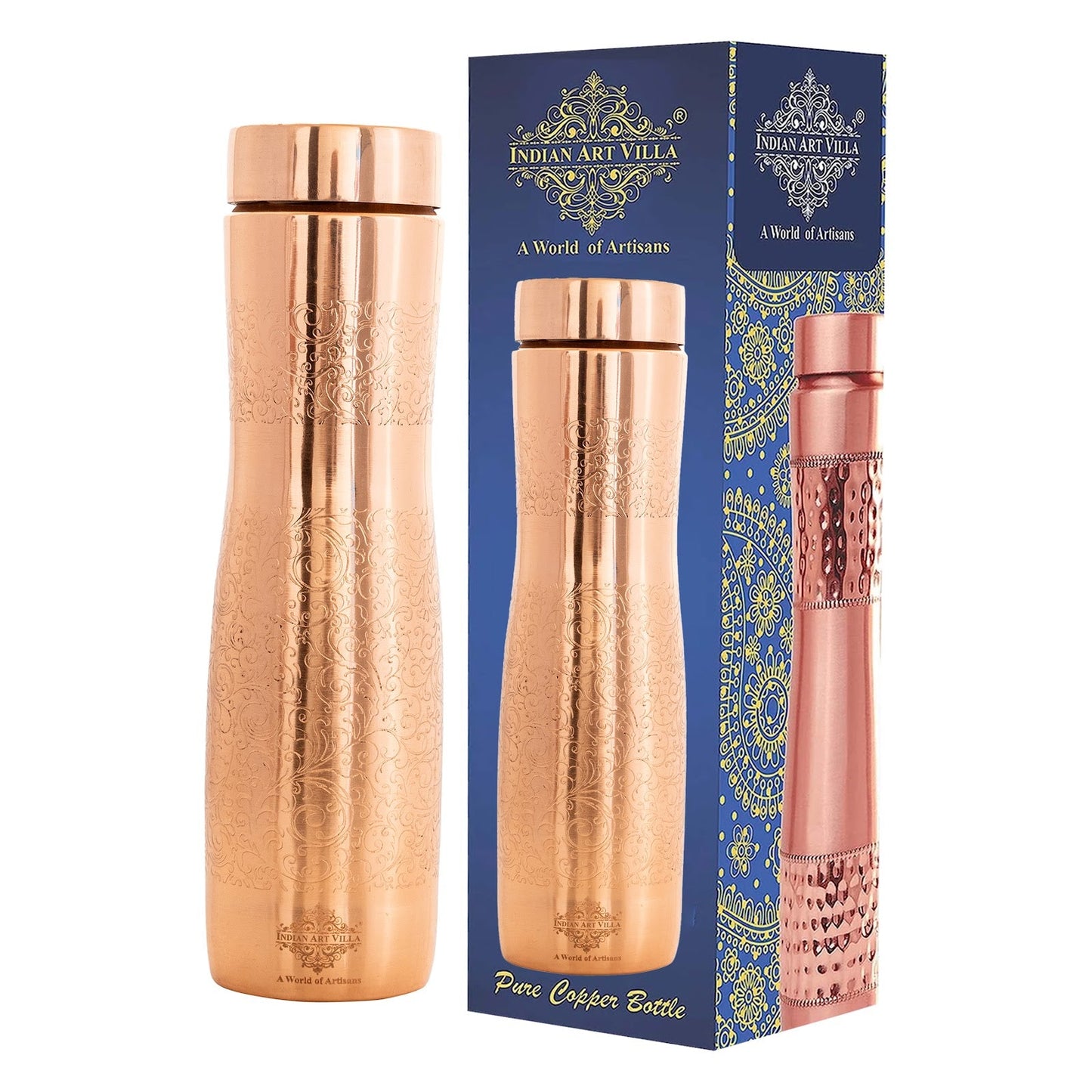 Copper Bottle with Curved Shape & Lacquer Embossed Design – 900ml