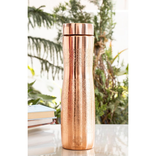 Copper Bottle with Curved Shape & Lacquer Embossed Design – 900ml