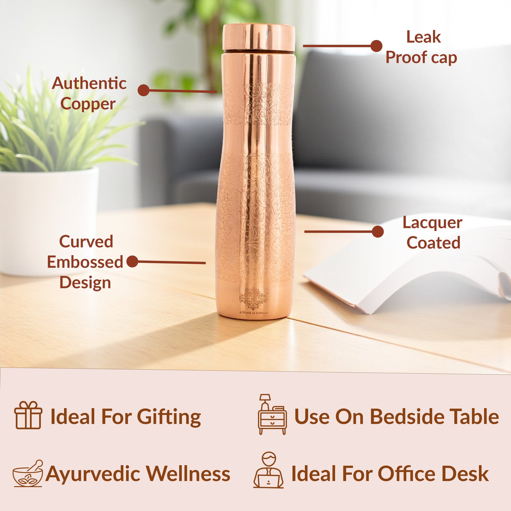 Copper Bottle with Curved Shape & Lacquer Embossed Design – 900ml