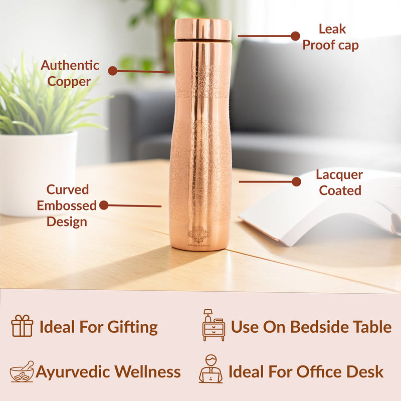 Copper Bottle with Curved Shape & Lacquer Embossed Design – 900ml