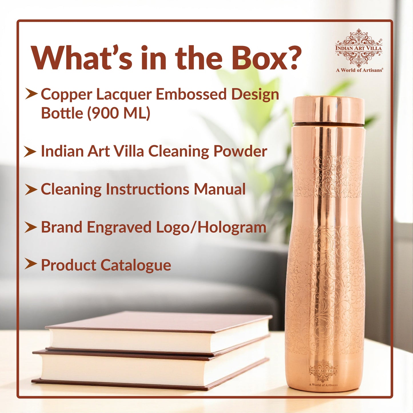 Copper Bottle with Curved Shape & Lacquer Embossed Design – 900ml