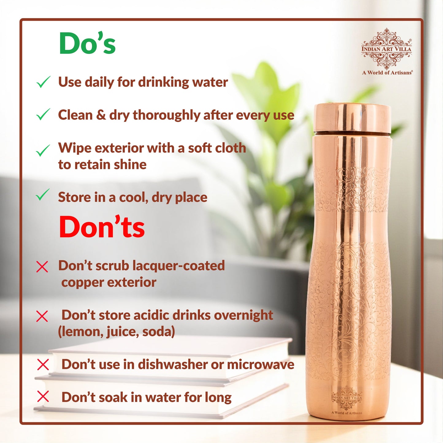 Copper Bottle with Curved Shape & Lacquer Embossed Design – 900ml