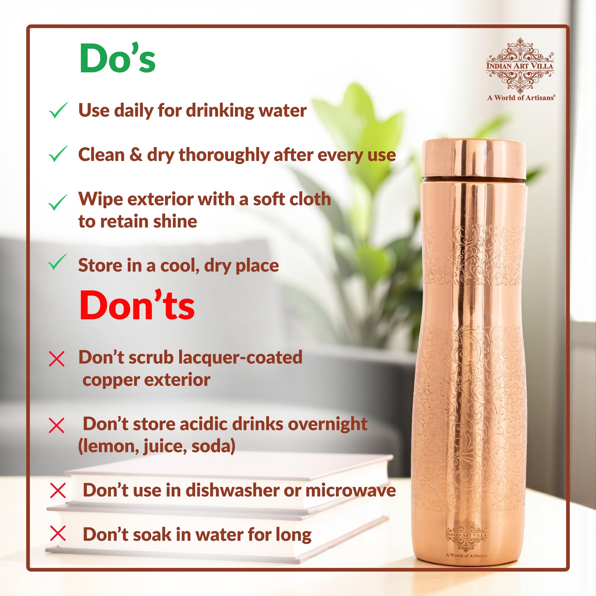 Copper Bottle with Curved Shape & Lacquer Embossed Design – 900ml