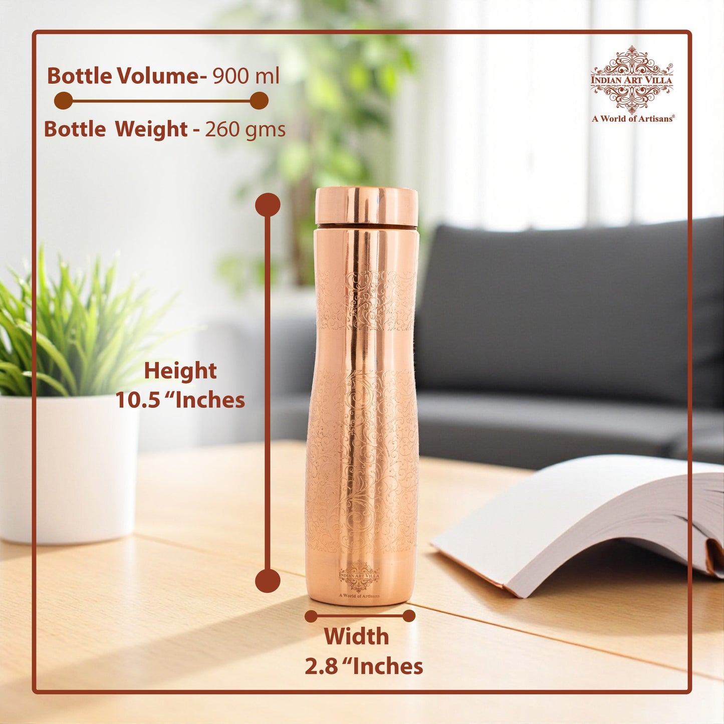 Copper Bottle with Curved Shape & Lacquer Embossed Design – 900ml