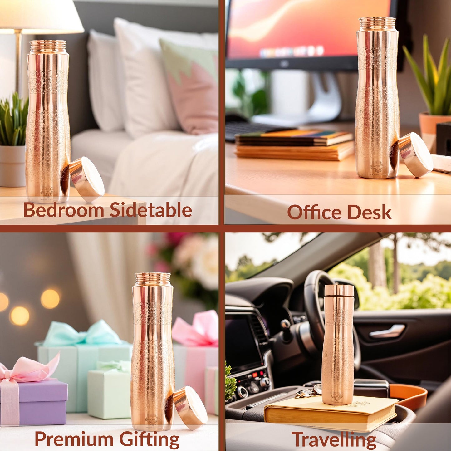 Copper Bottle with Curved Shape & Lacquer Embossed Design – 900ml