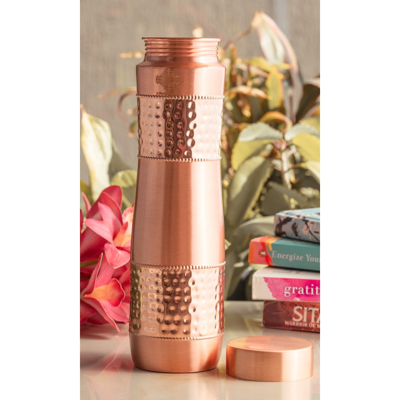 Copper Water Bottle with Half Hammered And Half Lacquer Coating
