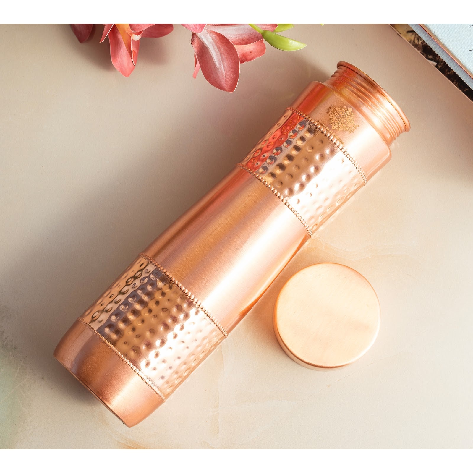 Copper Water Bottle with Half Hammered And Half Lacquer Coating