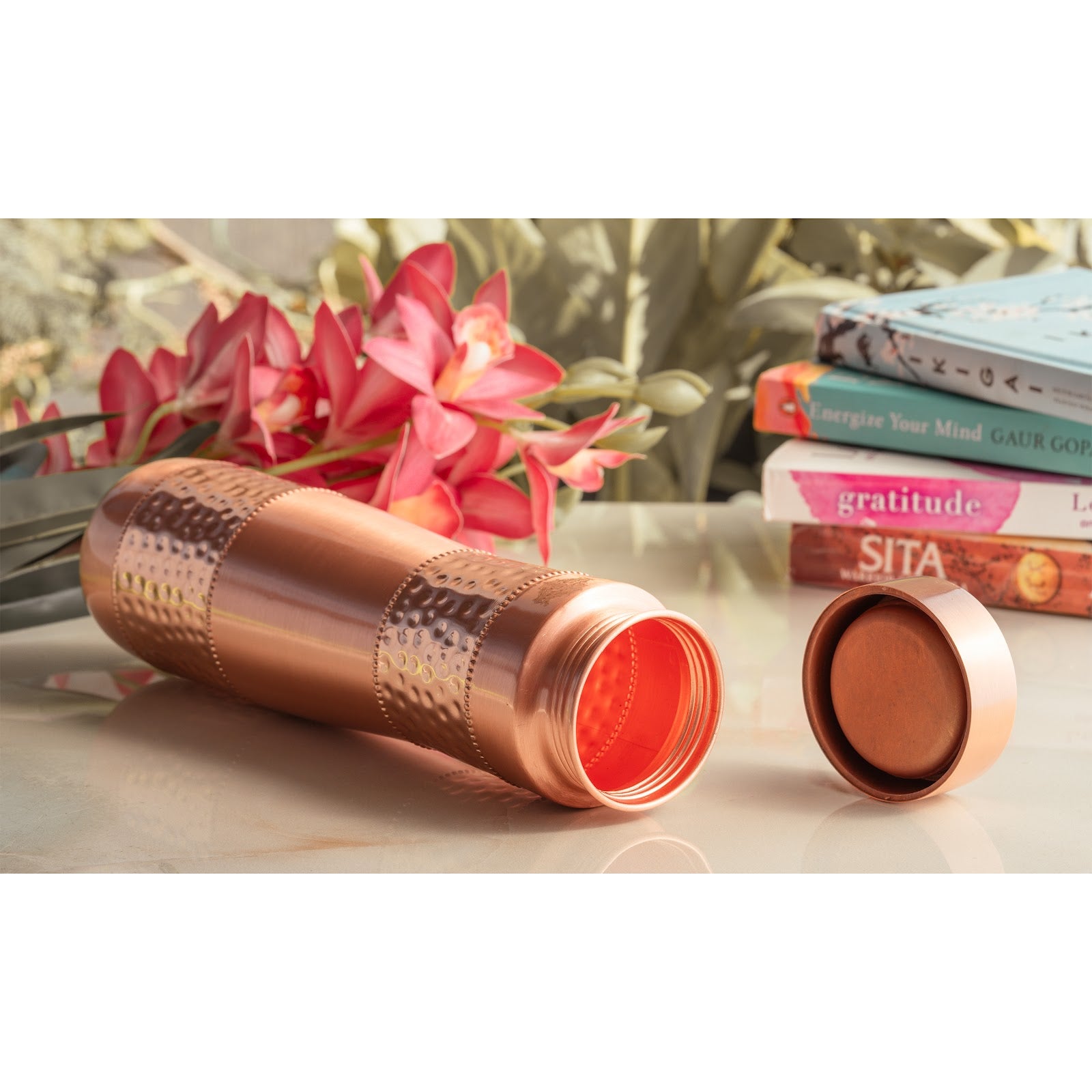 Copper Water Bottle with Half Hammered And Half Lacquer Coating