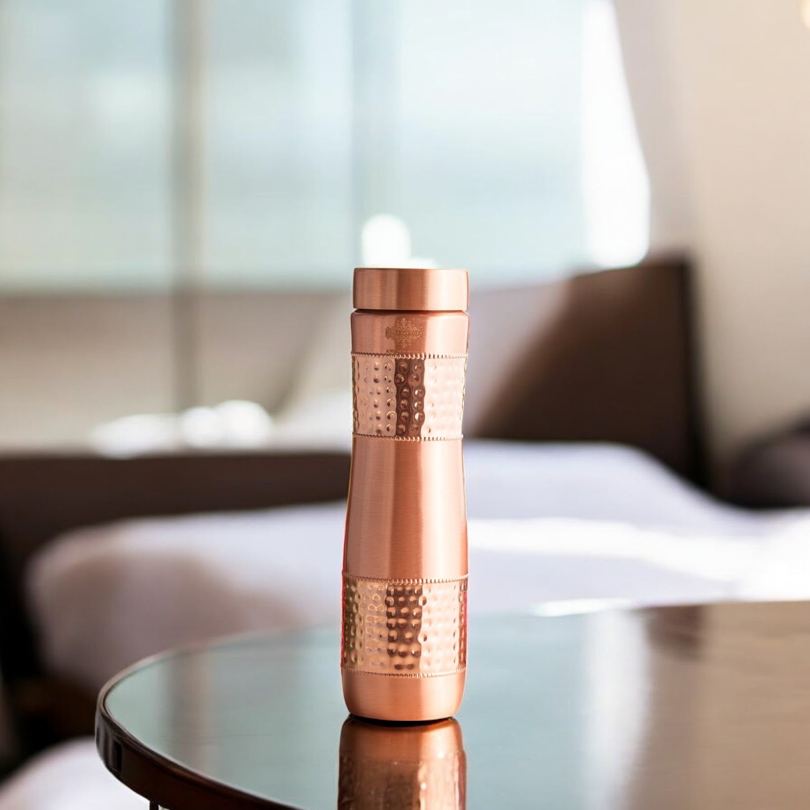 Copper Water Bottle with Half Hammered And Half Lacquer Coating