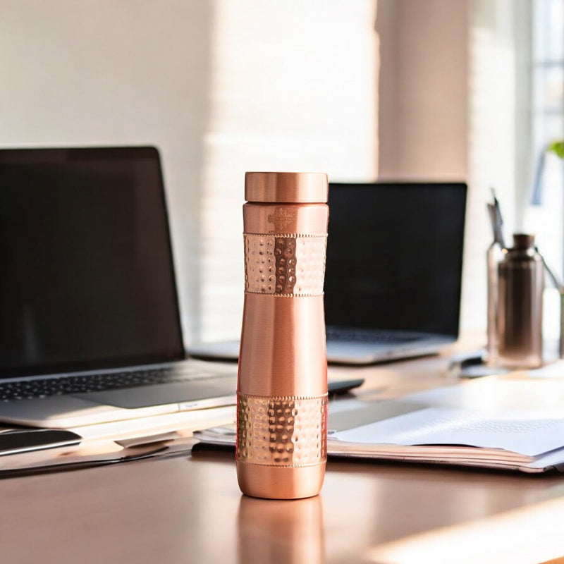 Copper Water Bottle with Half Hammered And Half Lacquer Coating