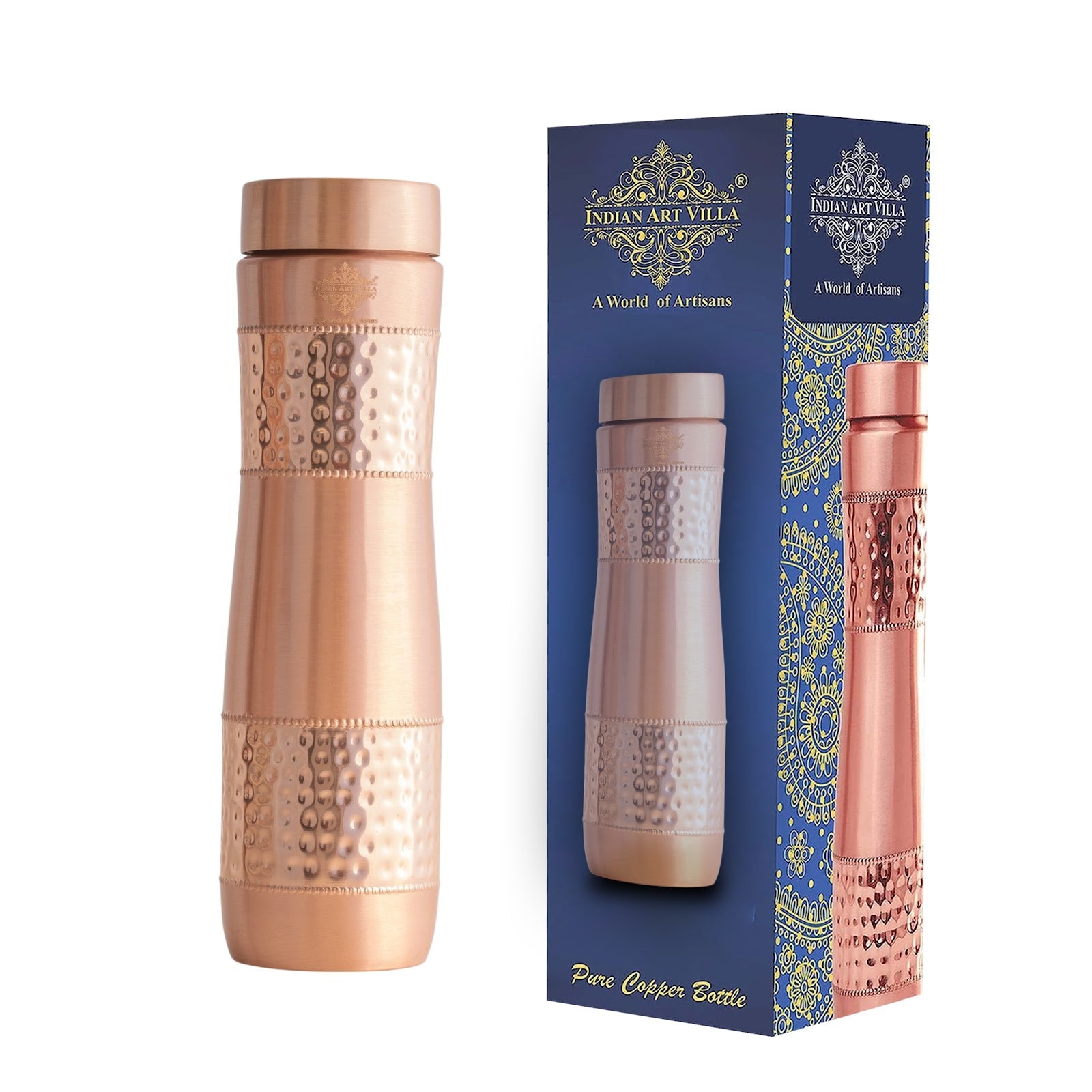 Copper Water Bottle with Half Hammered And Half Lacquer Coating