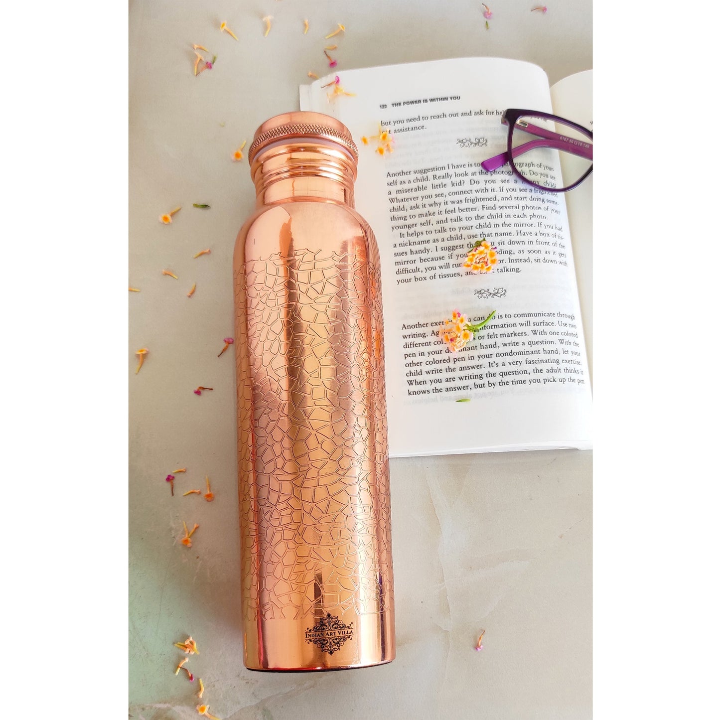 Pure Copper Water Bottle with Embossed Design