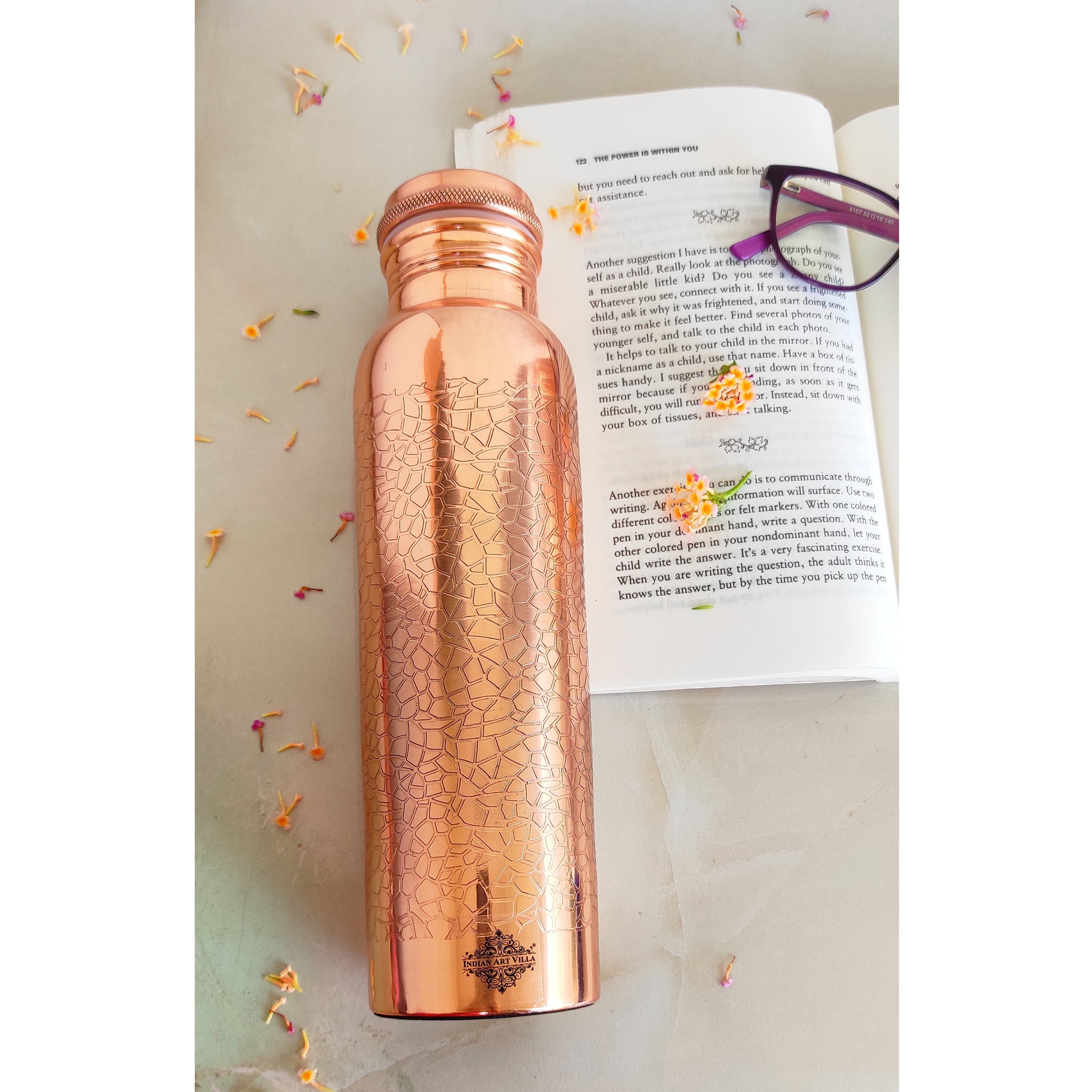 Pure Copper Water Bottle with Embossed Design