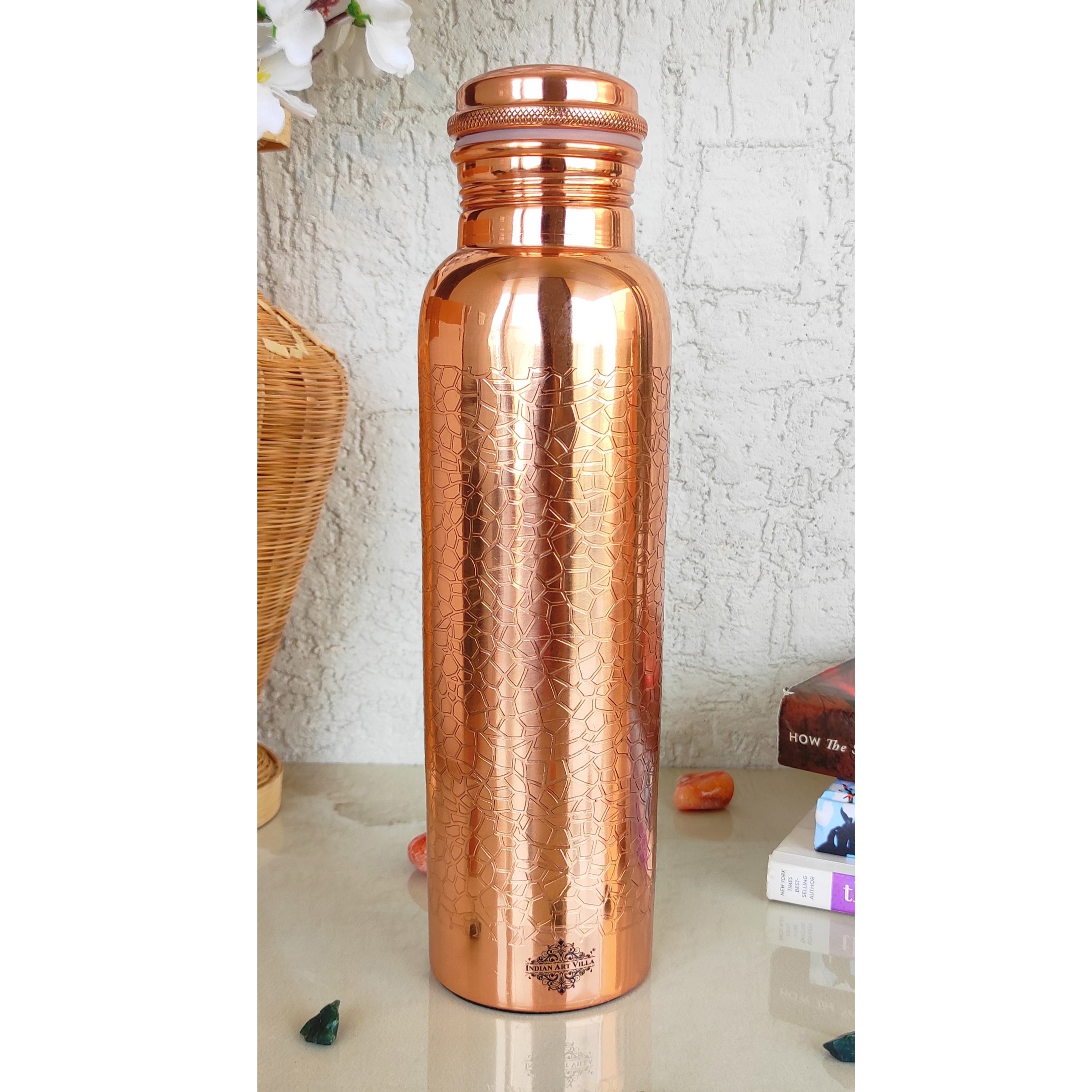 Pure Copper Water Bottle with Embossed Design