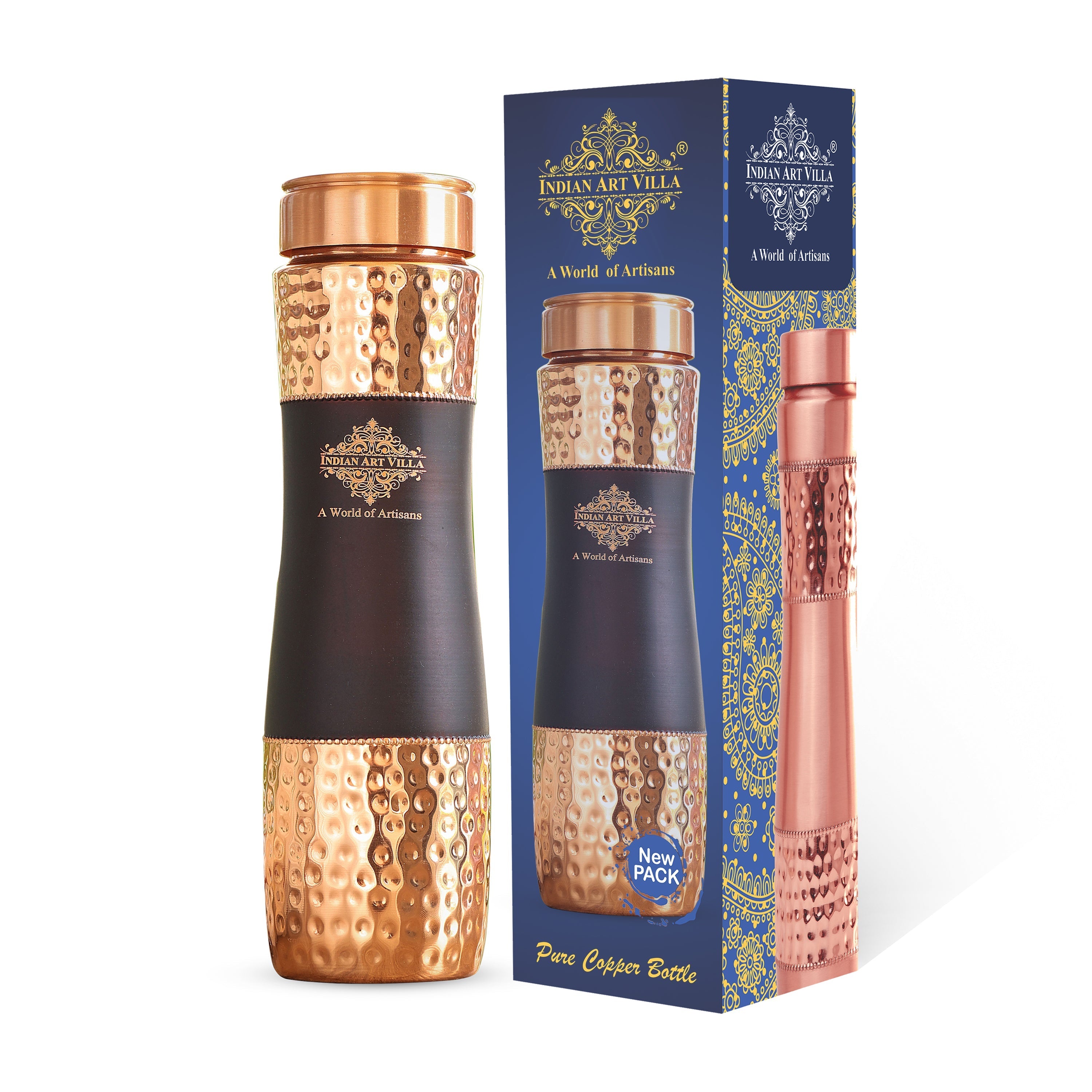 Pure Copper Bottle with Half Hammered and Half Silk Finish Color Design