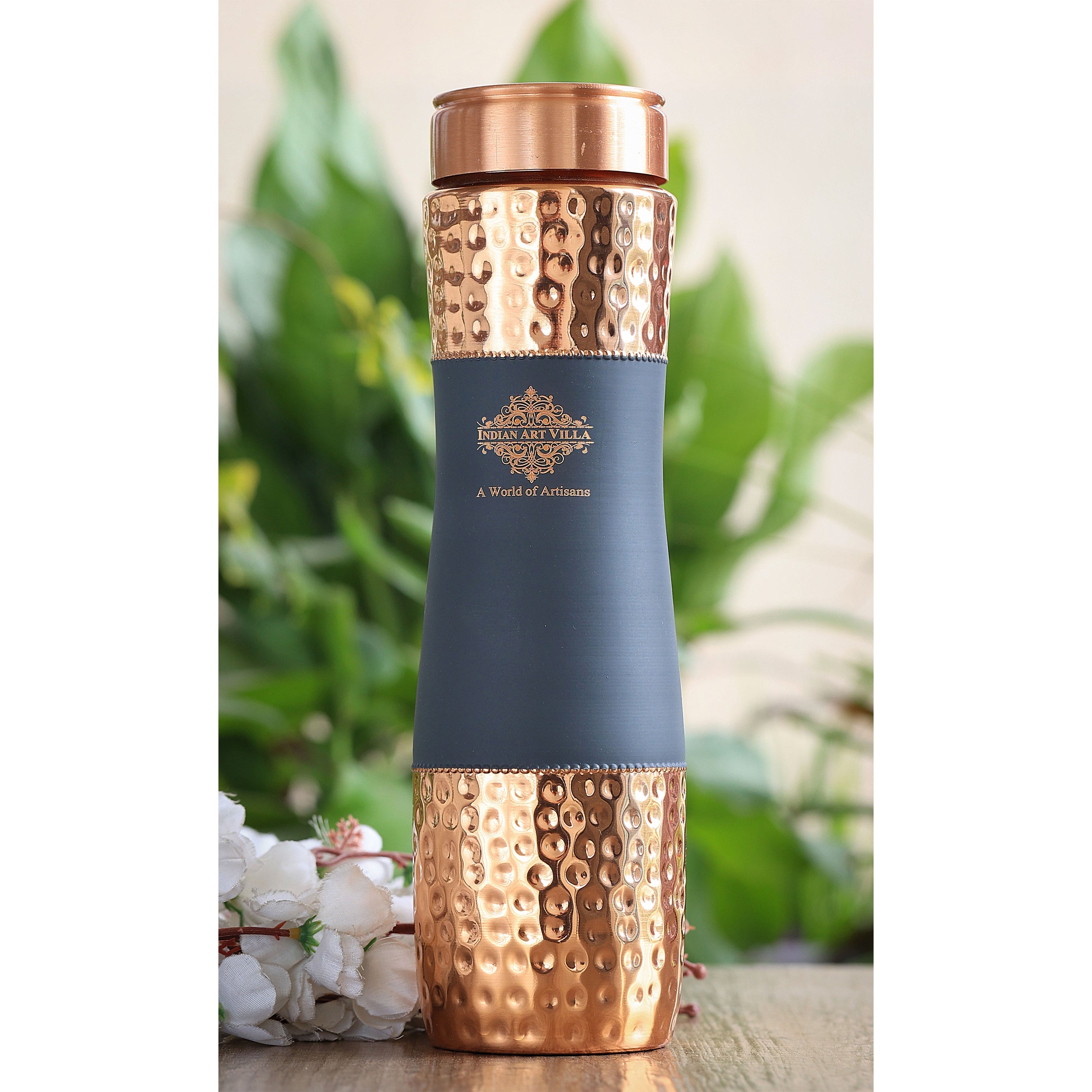Pure Copper Bottle with Half Hammered and Half Silk Finish Color Design