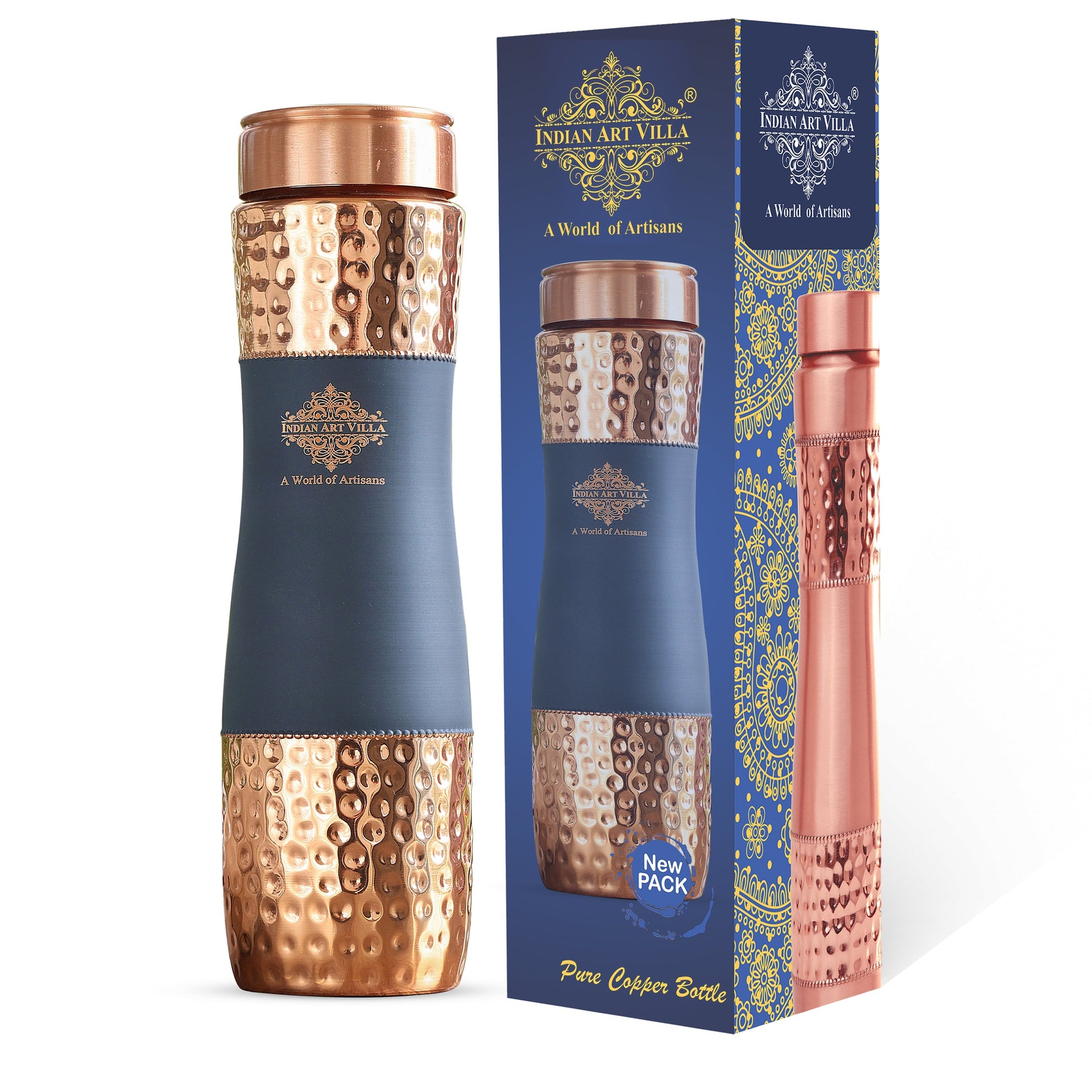 Pure Copper Bottle with Half Hammered and Half Silk Finish Color Design