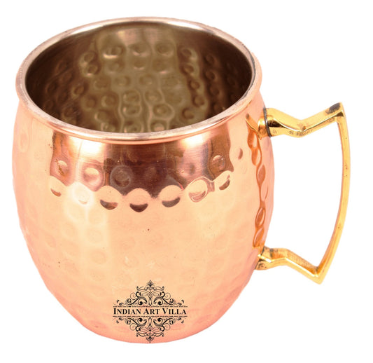 Pure Copper Hammered Round Shaped Moscow Mule, Beer Mug with Designer Brass Handle & Tin Lining, Barware, 530 ML