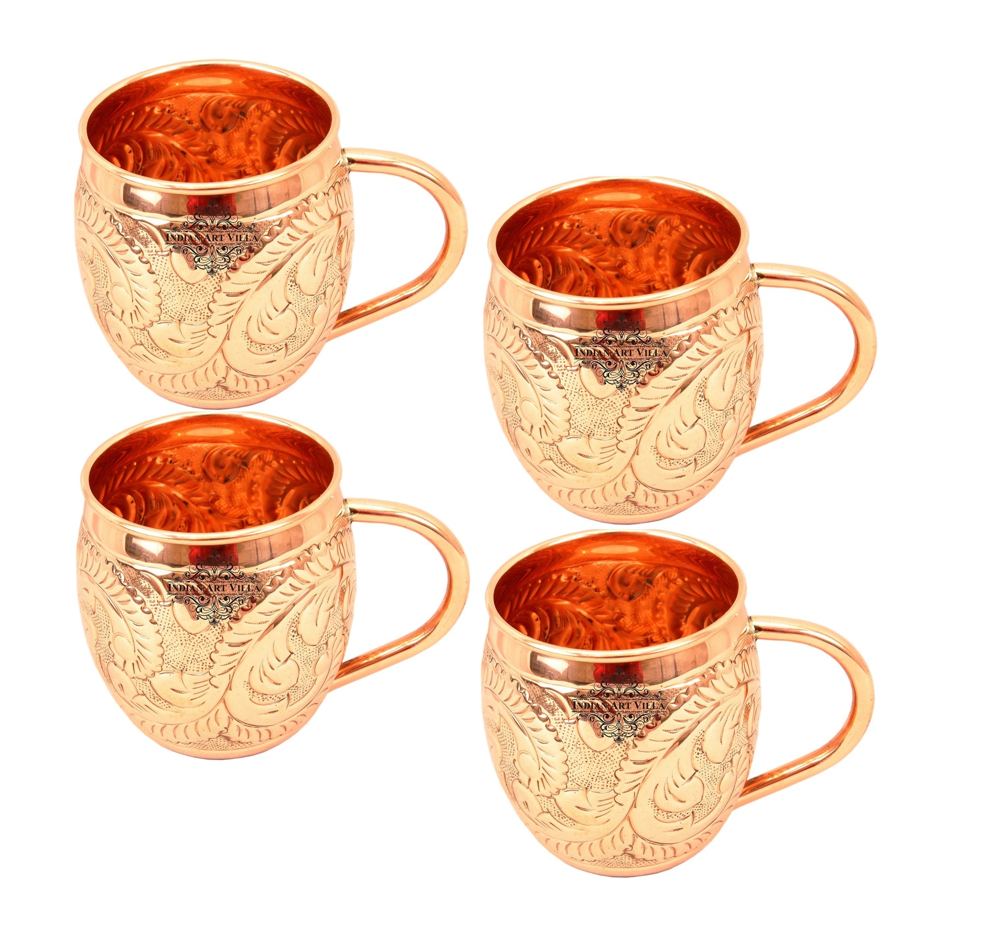 Pure Copper Round Shaped Flower Embossed Design Moscow Mule Beer Mug Cup, Volume-450ML