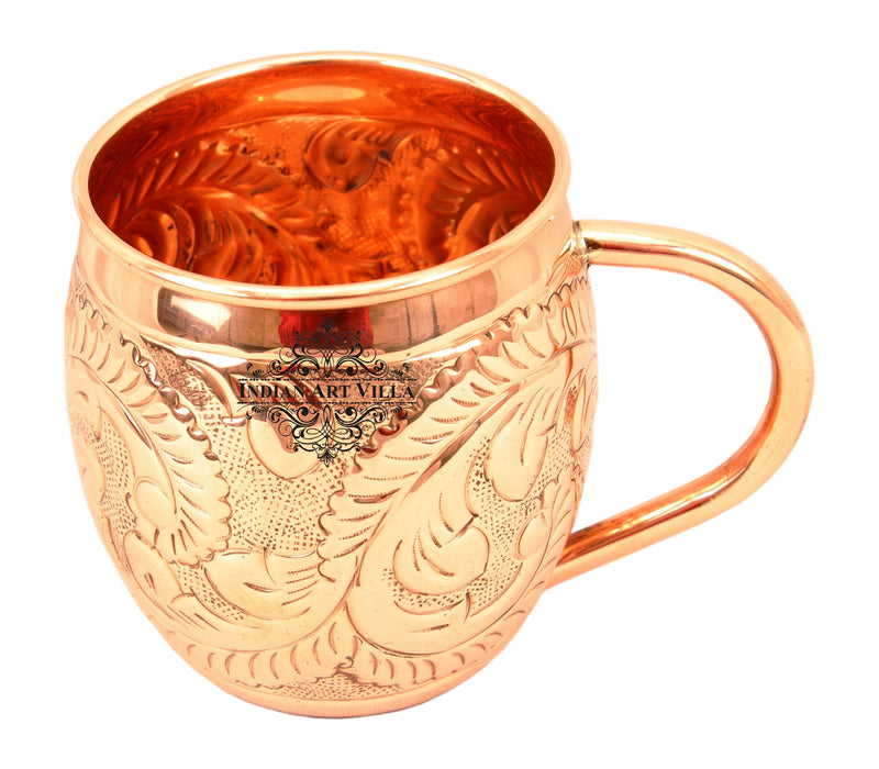 Pure Copper Round Shaped Flower Embossed Design Moscow Mule Beer Mug Cup, Volume-450ML