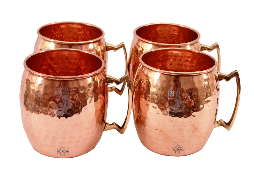 Set of 4 Pure Copper Round Hammered Moscow Mule Mug with Brass Handle 18 Oz each - Hotel, Restaurant, Bar