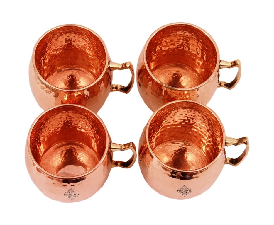 Set of 4 Pure Copper Round Hammered Moscow Mule Mug with Brass Handle 18 Oz each - Hotel, Restaurant, Bar