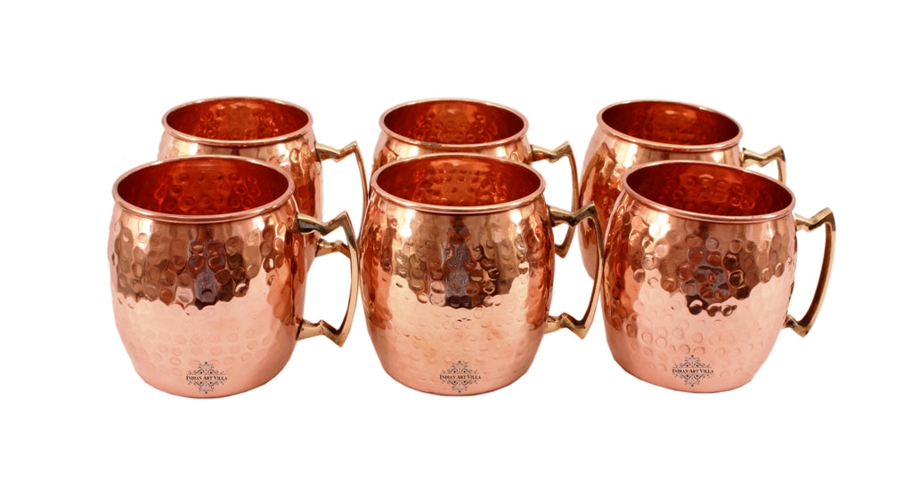Set of 6 Pure Copper Round Hammered Moscow Mule Mug Cup with Brass Handle 530 ml (18 Oz) each - Hotel, Restaurant, Bar