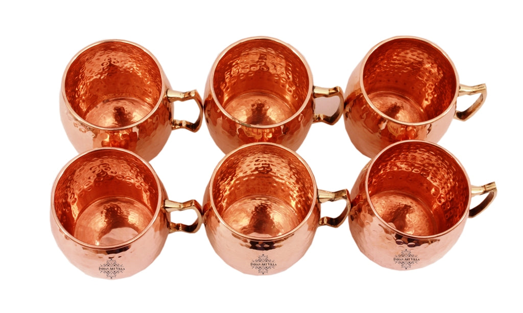 Set of 6 Pure Copper Round Hammered Moscow Mule Mug Cup with Brass Handle 530 ml (18 Oz) each - Hotel, Restaurant, Bar