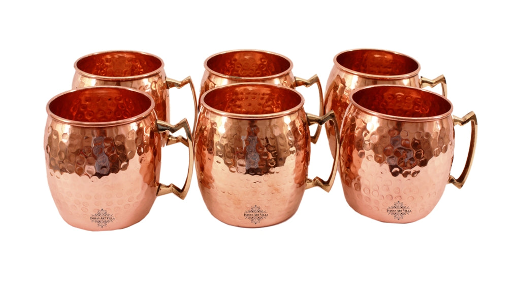 Set of 6 Pure Copper Round Hammered Moscow Mule Mug Cup with Brass Handle 530 ml (18 Oz) each - Hotel, Restaurant, Bar