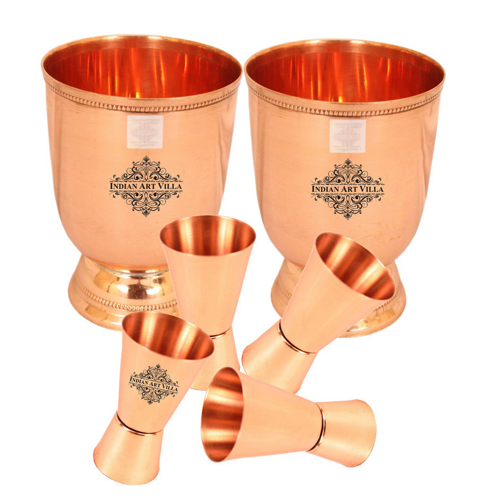 Pure Copper 2 Wine Glass Tumbler with 4 Shot Jiggers Glass, Barware Set, Best for Parties, 4 Pieces