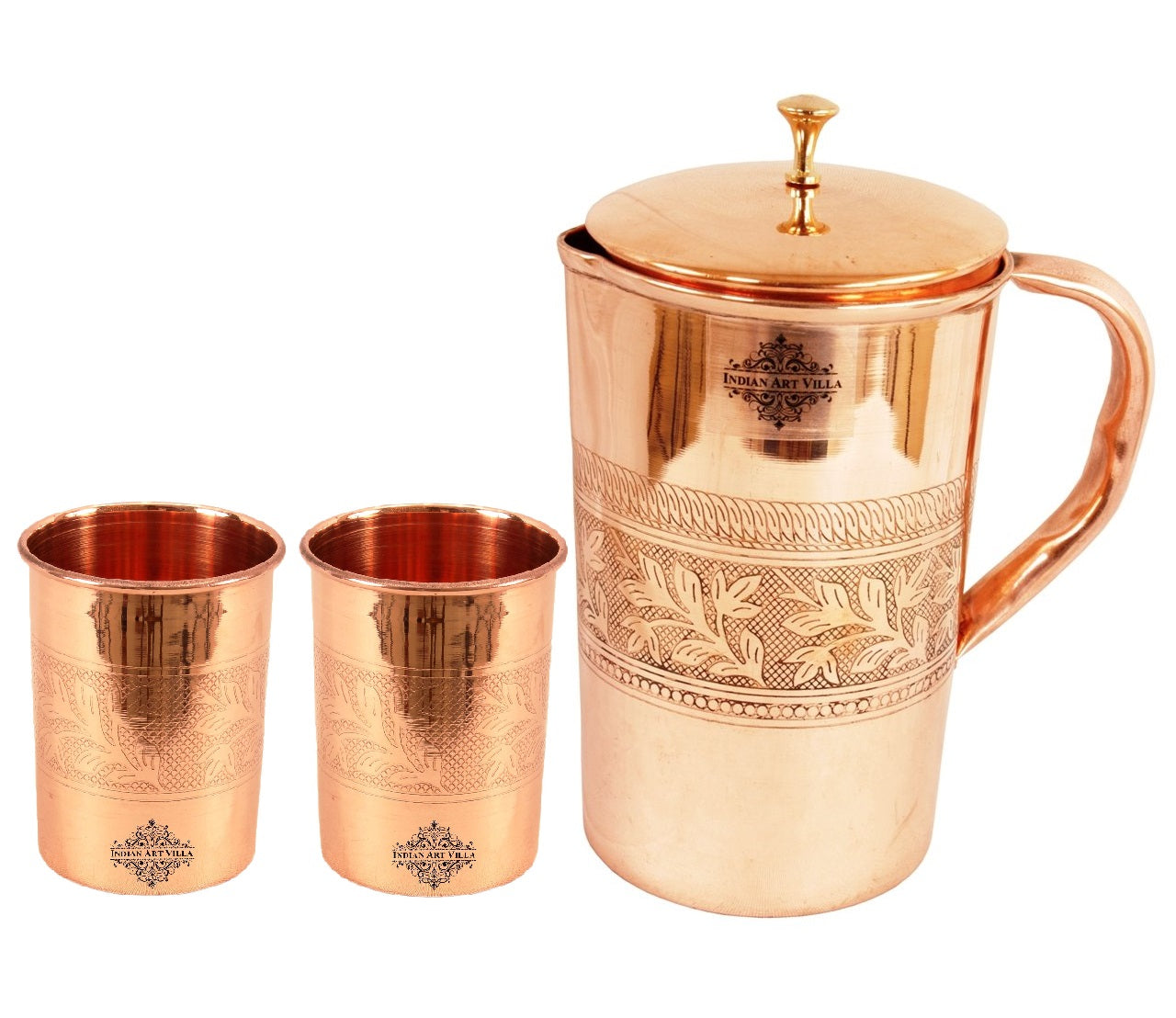 Copper Embossed Set of 1 Jug 1000 ML with 2 Glass Tumbler 300 ML each - Serving Drinking Water Good Health Benefit Yoga Ayurveda