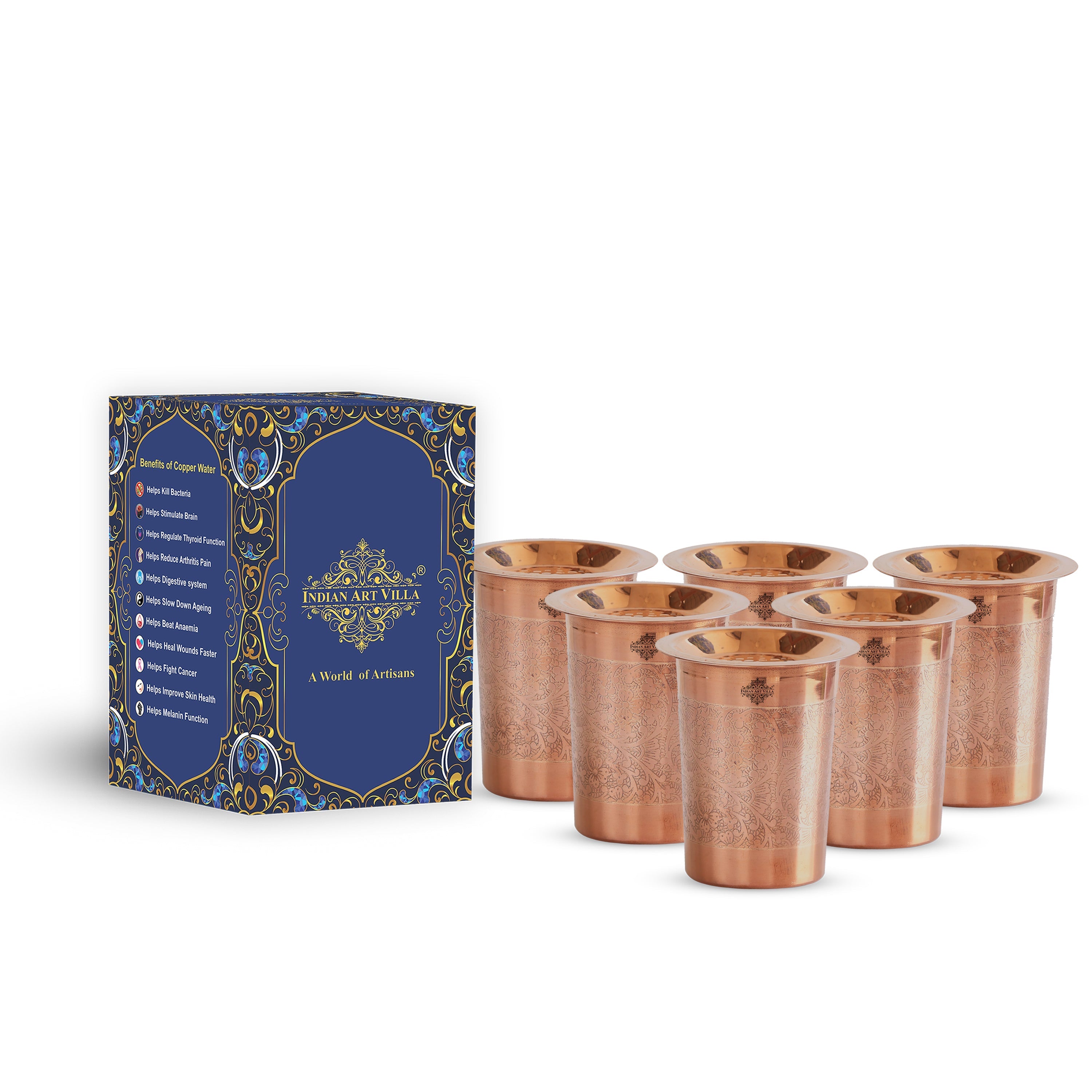Pure Copper Embossed & Plain Glass with Lid 300ml
