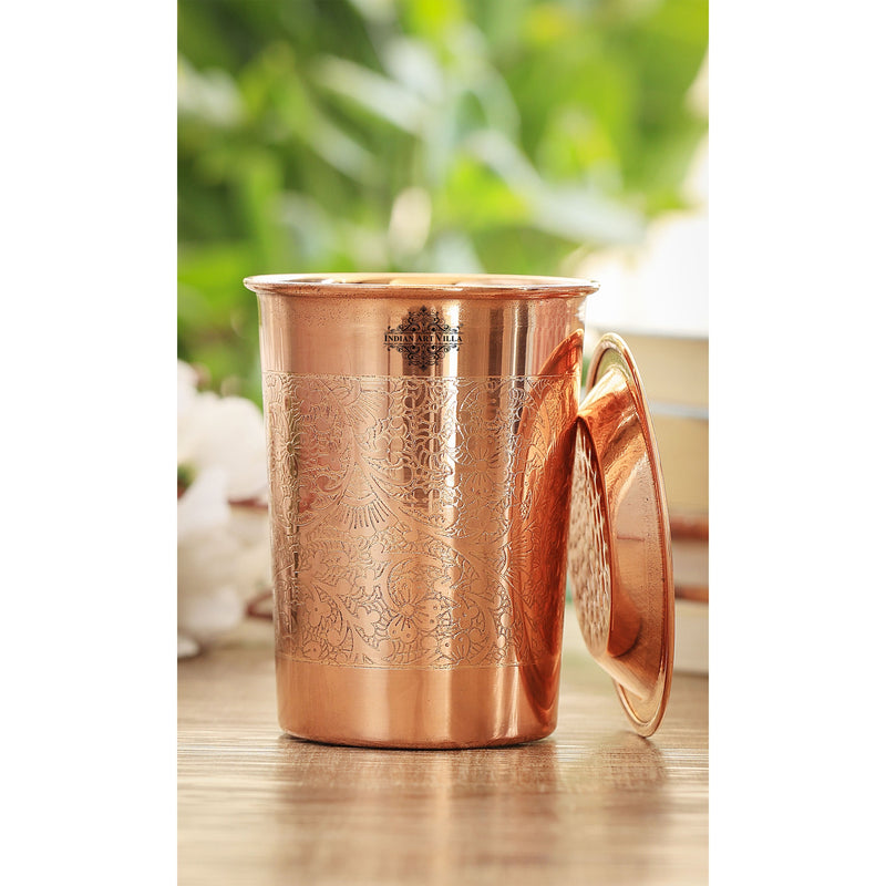 Pure Copper Embossed & Plain Glass with Lid 300ml