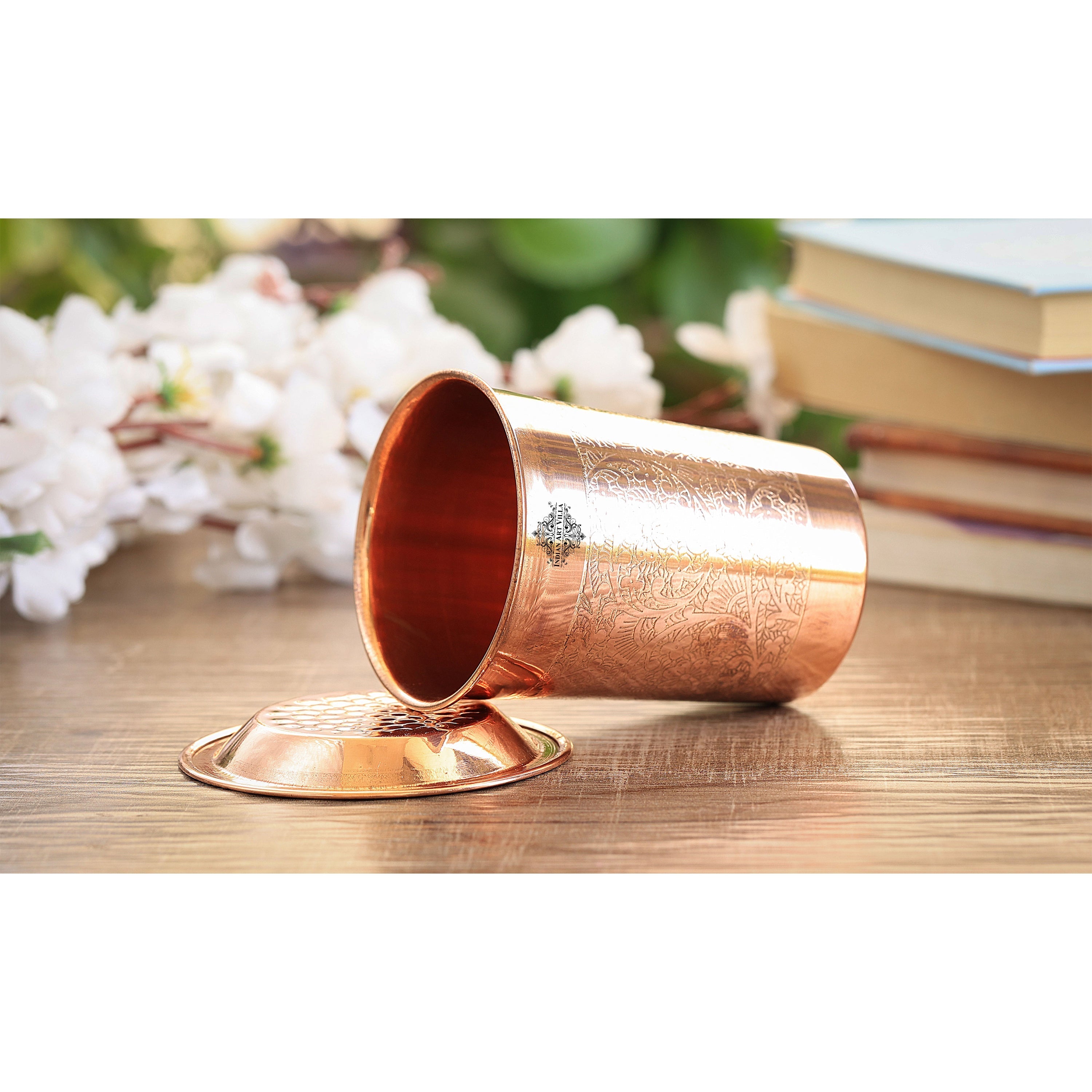 Pure Copper Embossed & Plain Glass with Lid 300ml