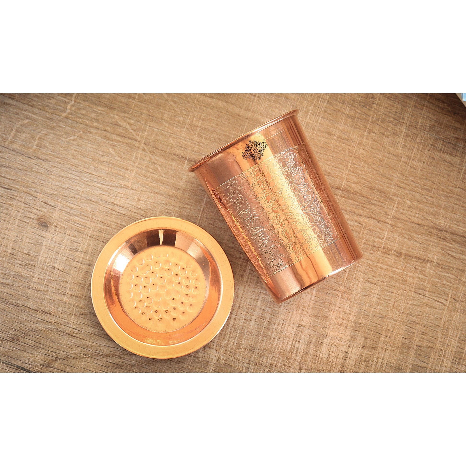 Pure Copper Embossed & Plain Glass with Lid 300ml